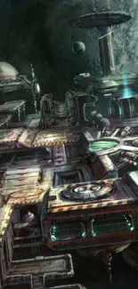 Futuristic space colony with spaceships and planets in view.