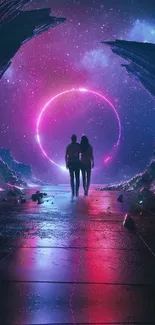 Couple walking towards neon circle in a cosmic landscape wallpaper.