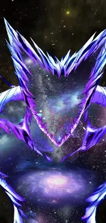 Futuristic cosmic creature with vibrant galaxy background in purple hues.