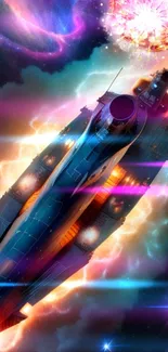 Futuristic space cruiser in a colorful cosmic landscape.