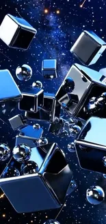 Futuristic space-themed mobile wallpaper with metallic cubes floating in a starry background.