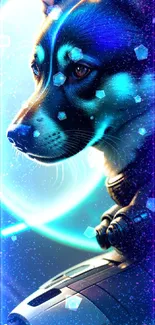 Futuristic space dog in neon colors with cosmic background.