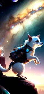 Futuristic white dog in space with starry galaxy background and cosmic adventure theme.