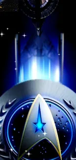 Futuristic space emblem with vibrant blue light and stars.