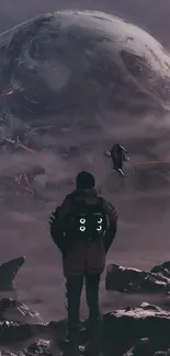 Futuristic space scene with distant planets and explorer.