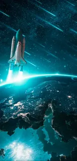 Space shuttle launching into starry night above Earth, cosmic theme.
