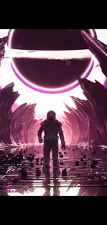 Astronaut exploring a futuristic alien landscape under a giant planet.