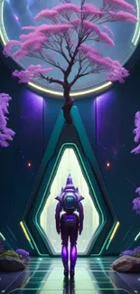 Futuristic art depicting a space explorer under a cosmic tree with purple hues.