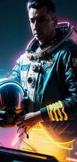 Futuristic astronaut in neon lights with helmet and modern space suit.