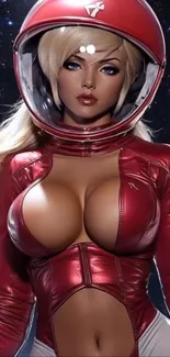 Futuristic space explorer in red suit with cosmic background.