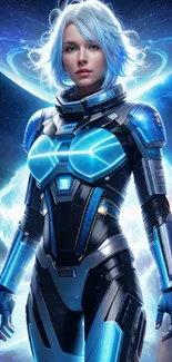 Futuristic space explorer with blue suit in galaxy scene.