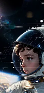 Young astronaut exploring space with futuristic elements on mobile wallpaper.