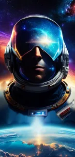 Futuristic spaceman in vibrant cosmic scene with planets and stars.