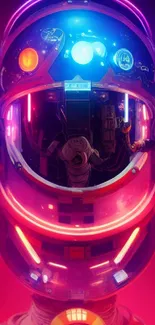 Neon-clad astronaut helmet in space-themed wallpaper.