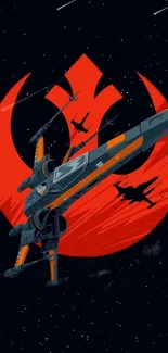 Futuristic space fighter with red symbol in starry sky.