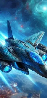 Futuristic space fighter zooms through cosmic clouds.