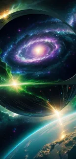 Futuristic space wallpaper with galaxy and cosmic elements.