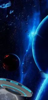 Futuristic blue galaxy wallpaper with planets and spaceship.