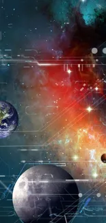 Futuristic space wallpaper with planets and nebula.