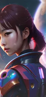 Futuristic sci-fi art of a girl in space suit with cosmic background.