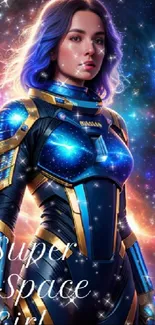 Futuristic space heroine in cosmic armor with vibrant galaxy backdrop.