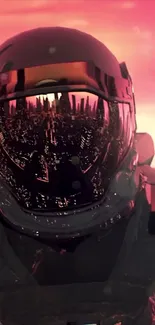Futuristic astronaut with city reflection helmet in a pink hue.