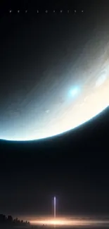 Futuristic space scene with giant planet and glowing horizon.