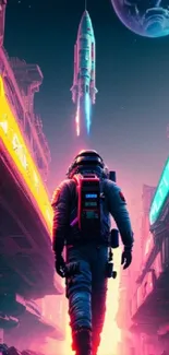 Futuristic space explorer in neon city with rocket launching, colorful scenery.