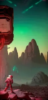 Astronaut exploring an alien planet landscape with vibrant green sky.