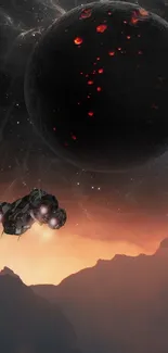 A spaceship traveling through a stunning space landscape with planets and nebulae.