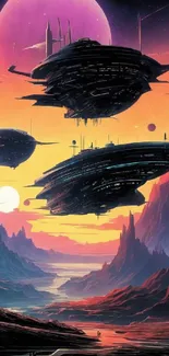 Futuristic space scene with floating spaceships.