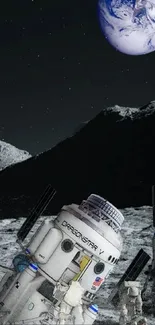 Futuristic scene of lunar modules and astronauts on a moon surface.