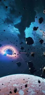 Futuristic space wallpaper with nebula and asteroids.