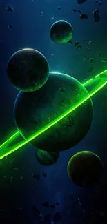 Futuristic neon space wallpaper with green accents and planets.