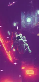 Neon astronaut floating in space with purple and red lights.