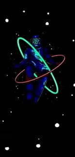 Futuristic neon astronaut wallpaper with a starry black background and vibrant colors.