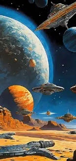 Futuristic sci-fi space scene with planets and spaceships.