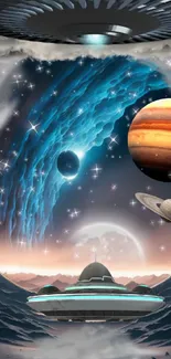 Space-themed mobile wallpaper with planets and astronaut.