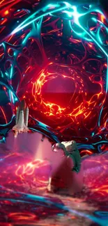 Futuristic space wallpaper with neon vortex and astronaut.