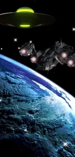 Futuristic space wallpaper with spaceship and UFO over Earth.