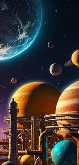 Futuristic space wallpaper with planets and structures.
