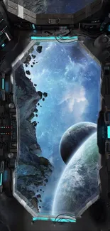 Futuristic portal with space view of planets and galaxy.