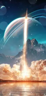 Futuristic rocket launch with planet and mountain backdrop.