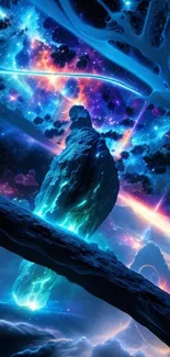 Futuristic space rockscape with vivid nebula colors.