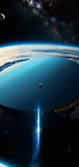 Futuristic space mirror with Earth below, set in cosmic background.