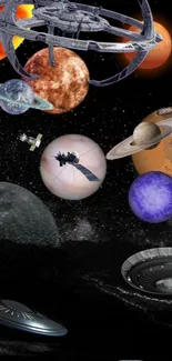 Futuristic wallpaper with planets and space stations in a starry universe.