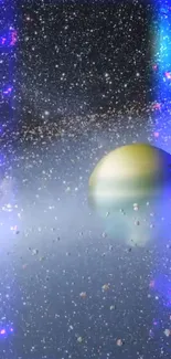 Futuristic space scene with mysterious planet and cosmic lights.