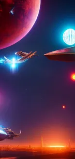 Futuristic space scene with planets and glowing spacecraft.