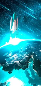 Futuristic space shuttle flying over Earth in neon blue light.