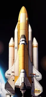 Futuristic space shuttle wallpaper with cosmic background.